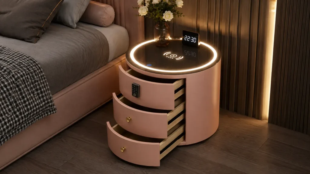 Curved Blush Pink Smart Bedside Table with Rotating Drawers and Built in Clock Display