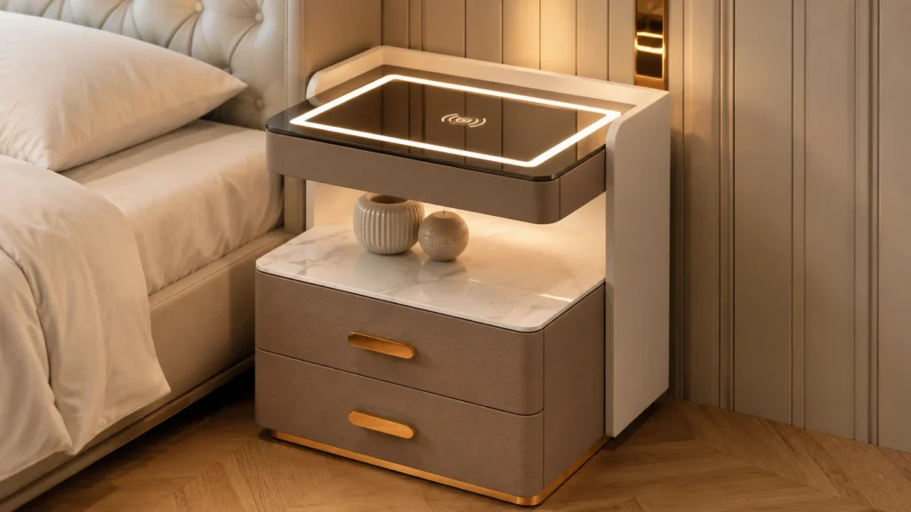 Luxury Champagne Leather and Marble Smart Bedside Table with 3 Color Touch Lighting