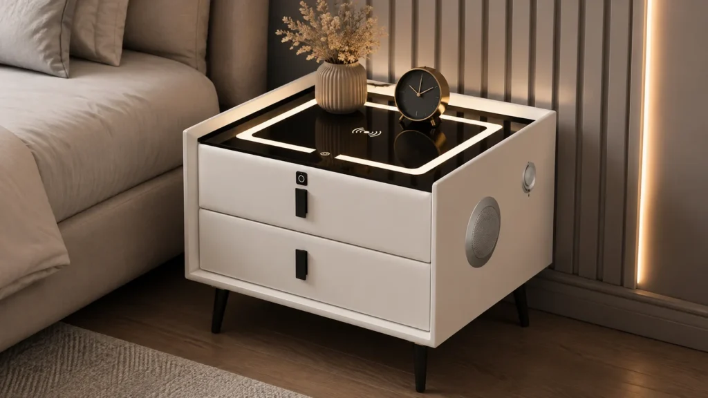 Clean Scandinavian White Smart Bedside Table with Built in Bluetooth Speakers