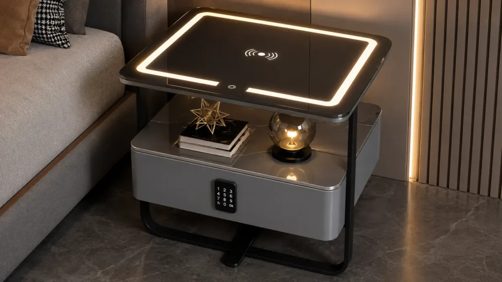 Modern Charcoal Glass Top Open Frame Smart Bedside Table with Digital PIN Lock