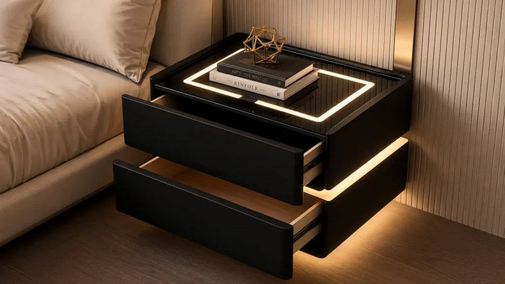 Wall Mounted Style Floating Black Smart Bedside Table with Dual Zone LED Lighting