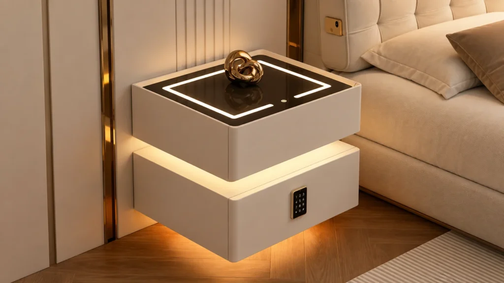 Minimalist Off-White Wall-Mounted Smart Bedside Table with Keypad Lock and Under-Glow