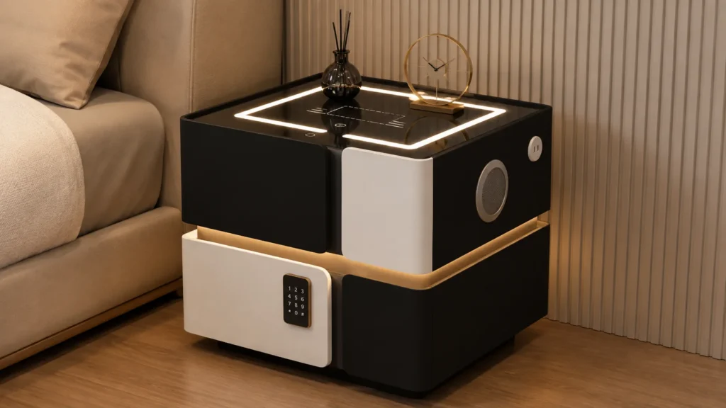 Monochromatic Block Smart Bedside Table with Color-Blocked Panels and Built-in Speakers