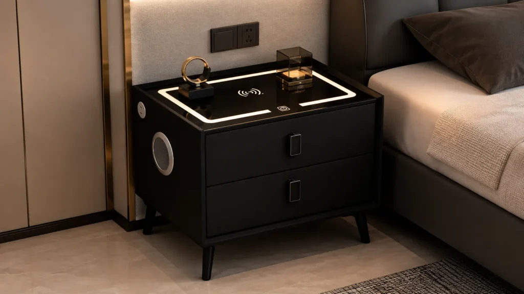 Sleek Matte Black Dual Drawer Smart Bedside Table with Tapered Legs and Wireless Charging