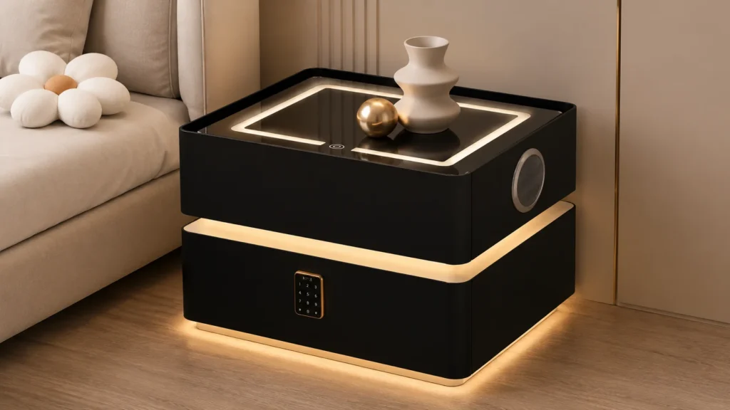 Cube-Inspired Dual Tier Black Smart Bedside Table with Floating Warm LED Accent Light