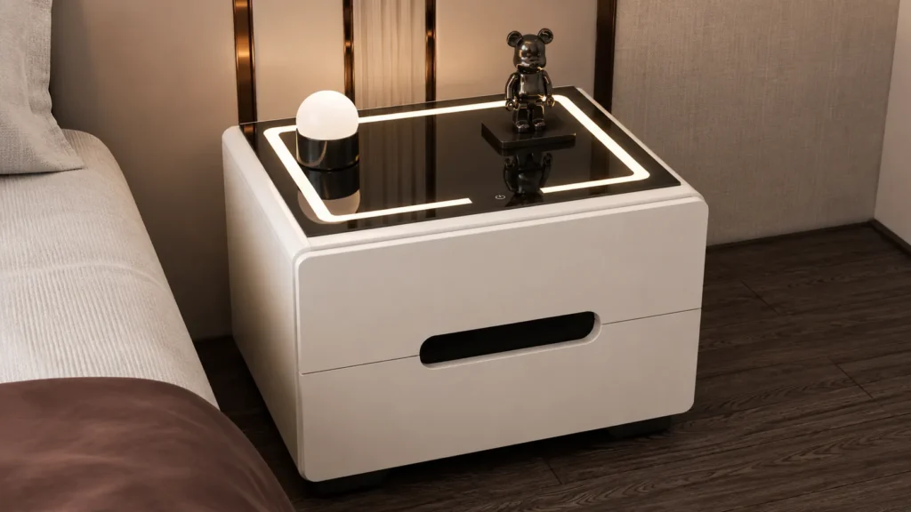 Smooth Rounded Edge Off-White Smart Bedside Table with Recessed Handle Design