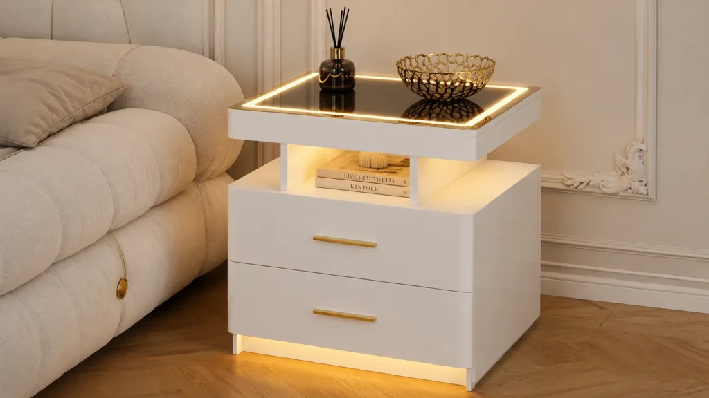 Multi-Layer Tiered White Smart Bedside Table with Open Display Niche and Gold Handles