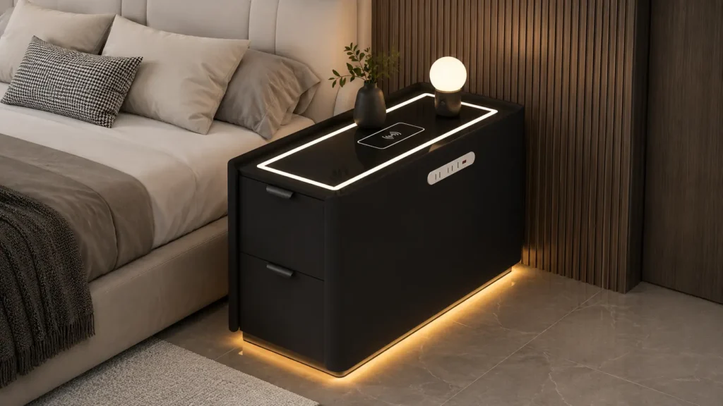 Extended Deep Charcoal Smart Bedside Table with Side Multi-Port USB Power Hub