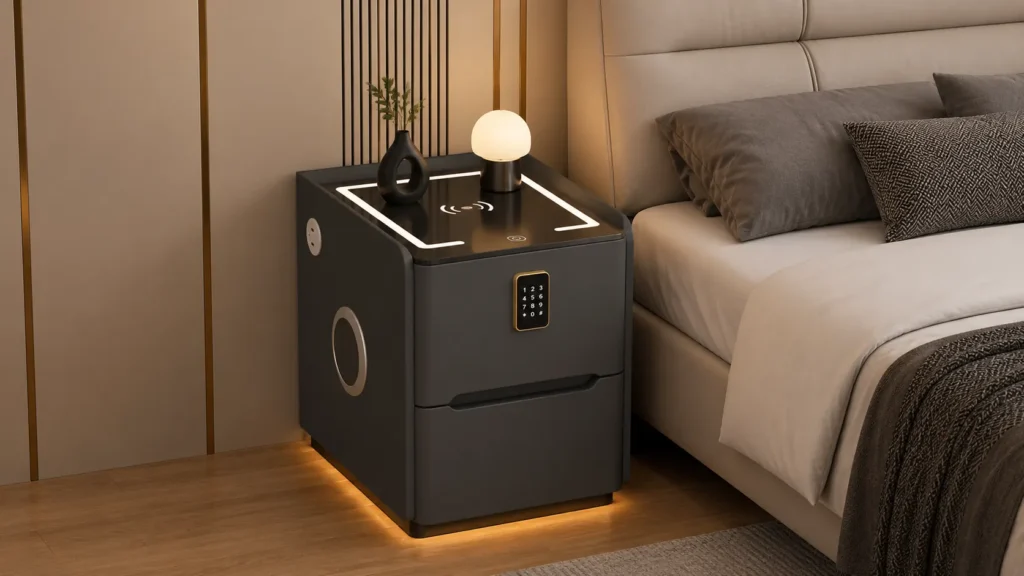 Compact Dark Grey Smart Bedside Table with Front Keypad and Side Speaker