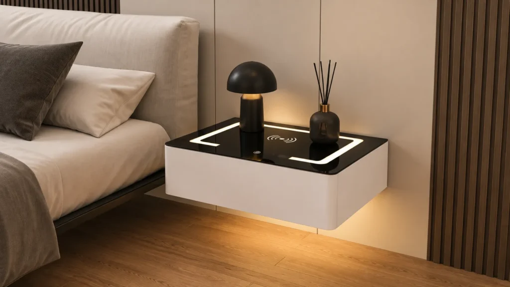 Pure White Floating Wall-Mounted Smart Bedside Table with Wireless Charging Glass Surface