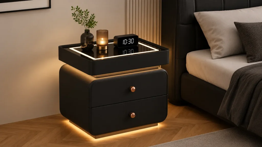Luxury Black Smart Bedside Table with Warm Copper Hardware and Dual Glow LED