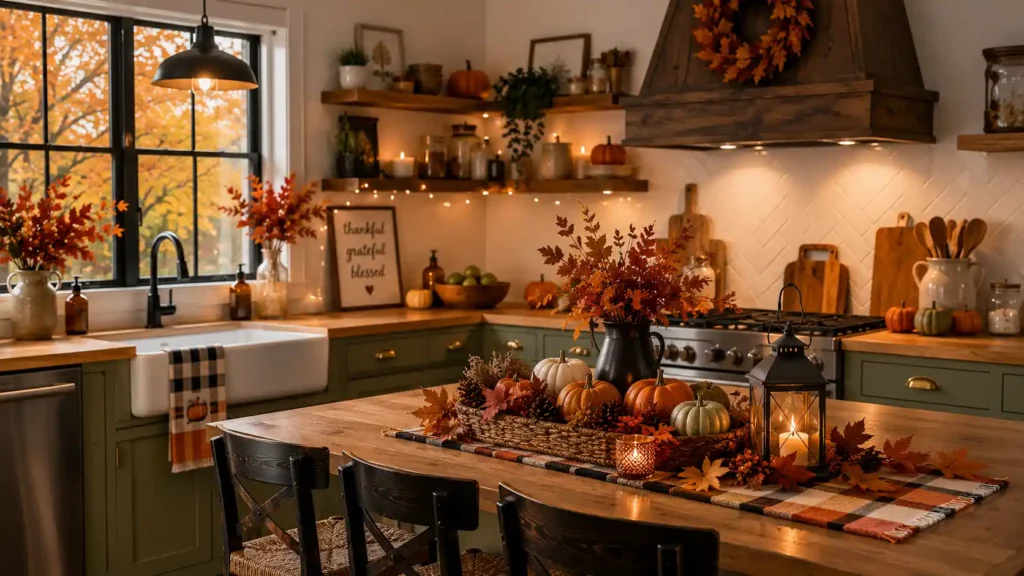 Cozy autumn kitchen setup with deep green cabinets ambient string lights and wooden floating shelves decor"