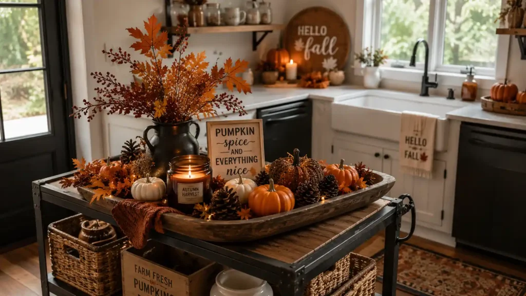 Industrial mobile kitchen cart transformed into an autumn themed coffee bar with dough bowl display"