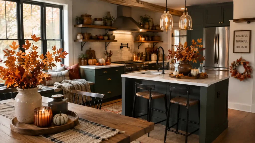 Spacious kitchen with dual islands featuring tall maple leaf vase arrangements and glass pendant lights"