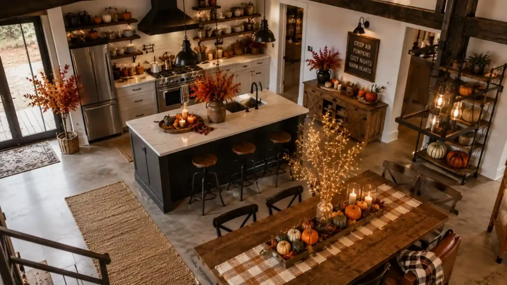 High ceiling open concept farmhouse kitchen decorated with autumn garlands and long wooden dining table decor"