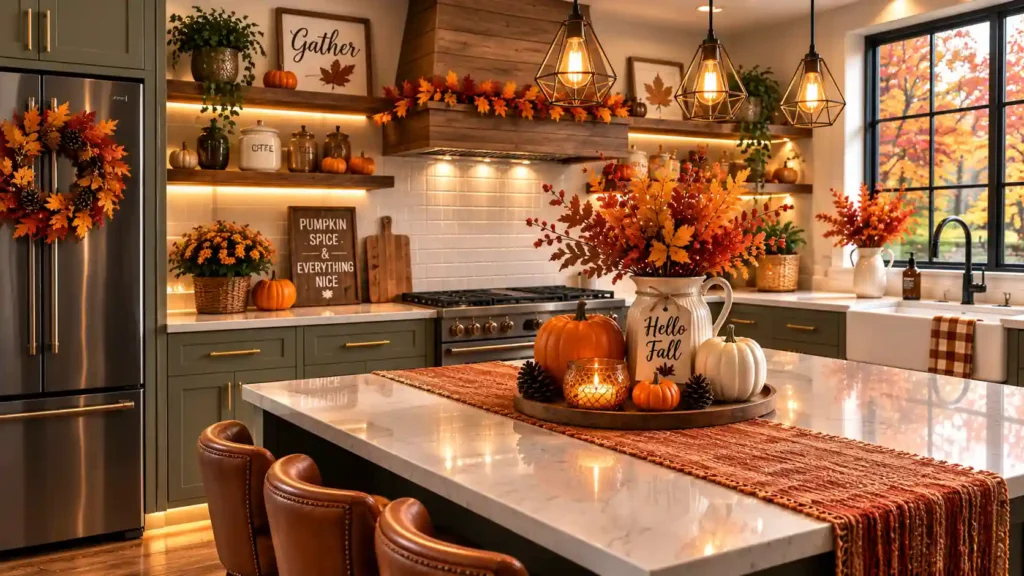 Bright white kitchen island featuring a rustic tray centerpiece with orange foliage and ceramic pitcher"