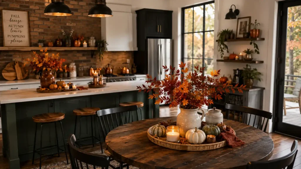 Rustic kitchen with exposed brick wall copper pots on display and a round wooden table centerpiece"