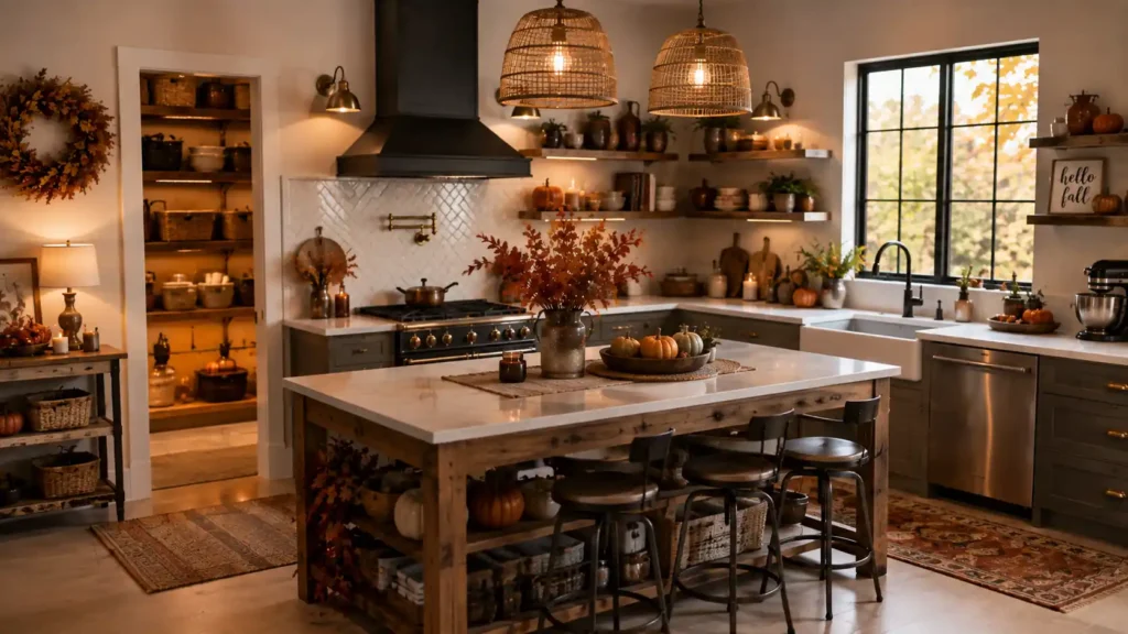 Warm kitchen featuring woven basket pendant lights a large wooden island and illuminated pantry shelves"