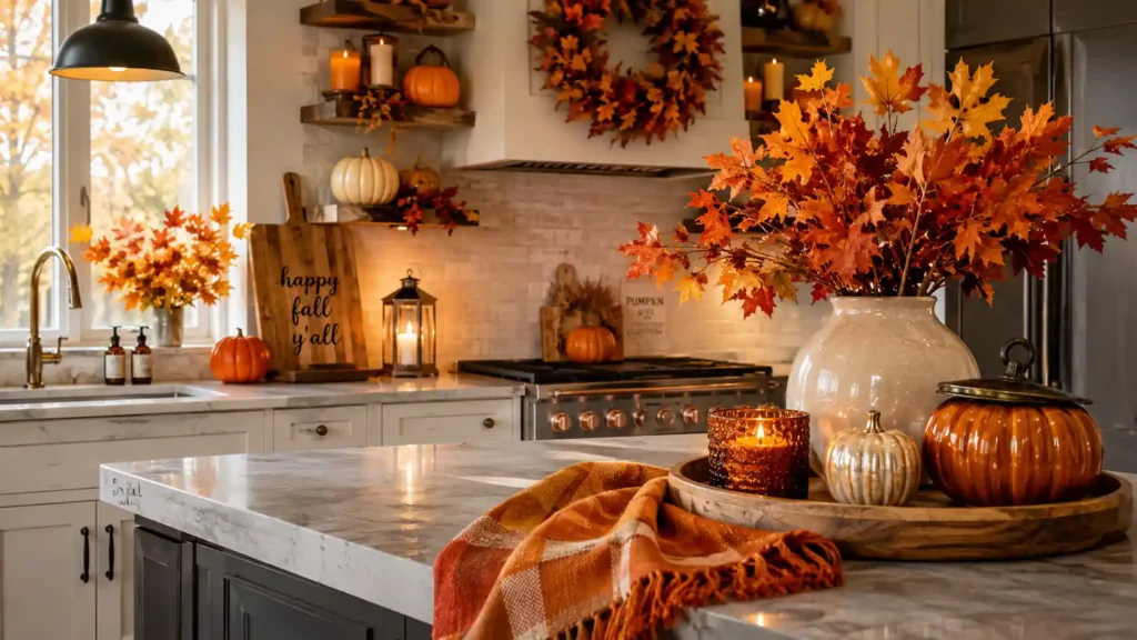 Warm fall kitchen counter with marble island wooden tray amber candle glass pumpkin and autumn foliage"
