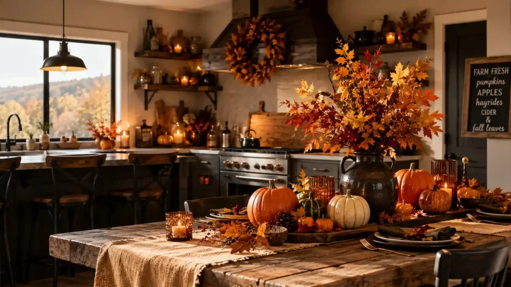 Rustic dining table setup with burlap runner autumn leaf centerpiece gourds and flickering candles"