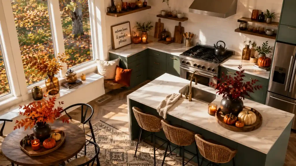 Aerial view of green open plan kitchen with marble island breakfast nook and autumn foliage decor"