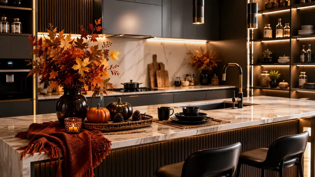 Modern dark kitchen featuring warm LED under cabinet lighting dark vase with orange leaves and woven tray"