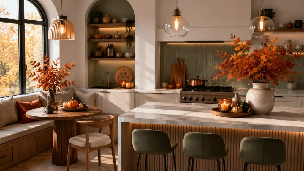 Bright kitchen with wood slatted island arched display alcove warm lighting and autumn centerpieces"