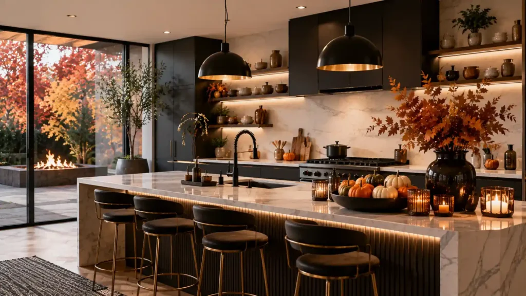 Modern black kitchen with glass sliding doors view of autumn courtyard fire pit and pumpkin bowl display"
