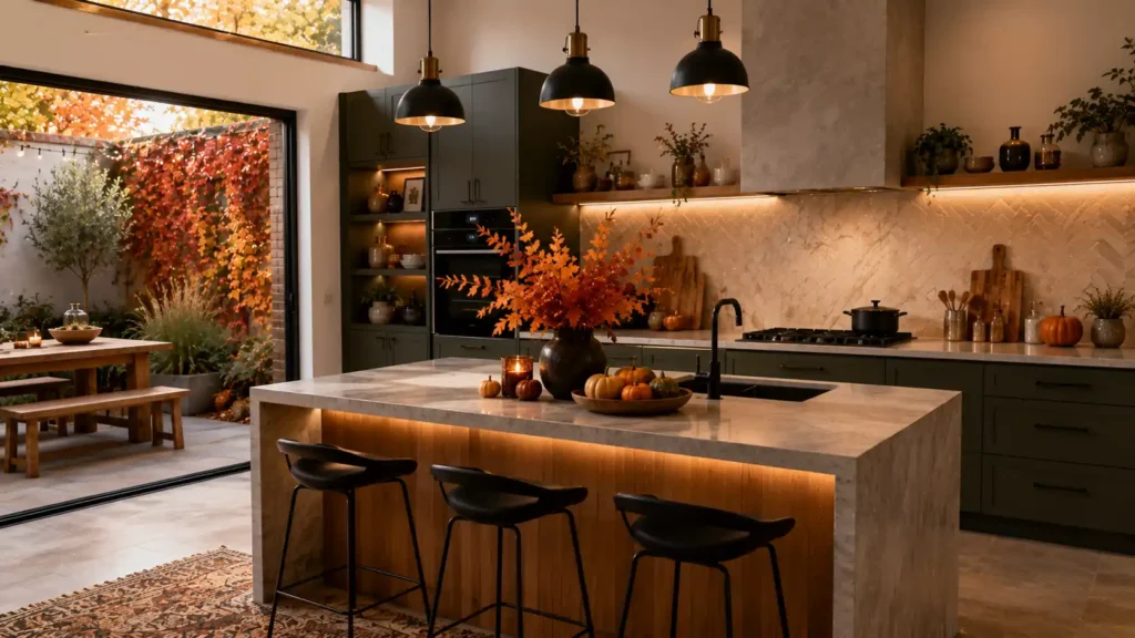 Green kitchen featuring waterfall marble island with LED rim lighting amber branches and courtyard garden view"