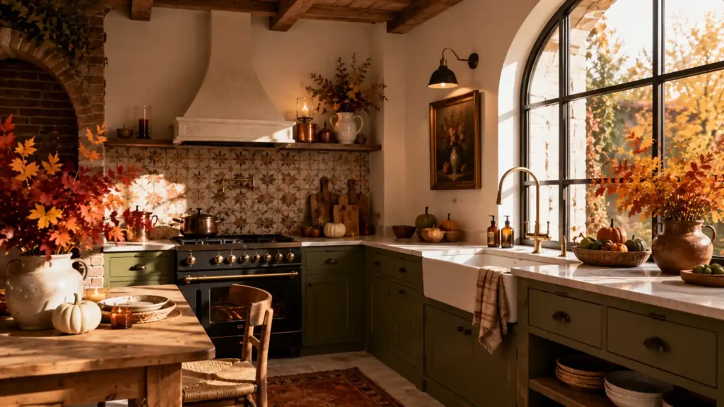 Tuscan style kitchen with large arched window dark green cabinets ceramic foliage jugs and brass hardware"