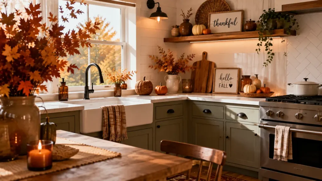 Cozy olive green kitchen with farmhouse sink open wooden shelf and thankful sign decor"