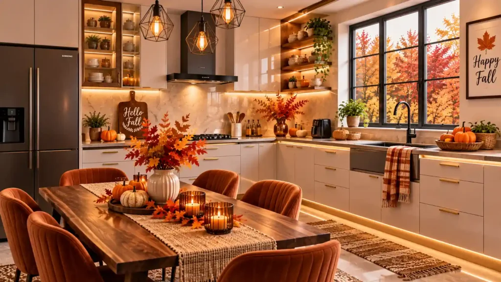 Modern kitchen with linear LED baseboard lighting orange chairs and table centerpiece leaves"