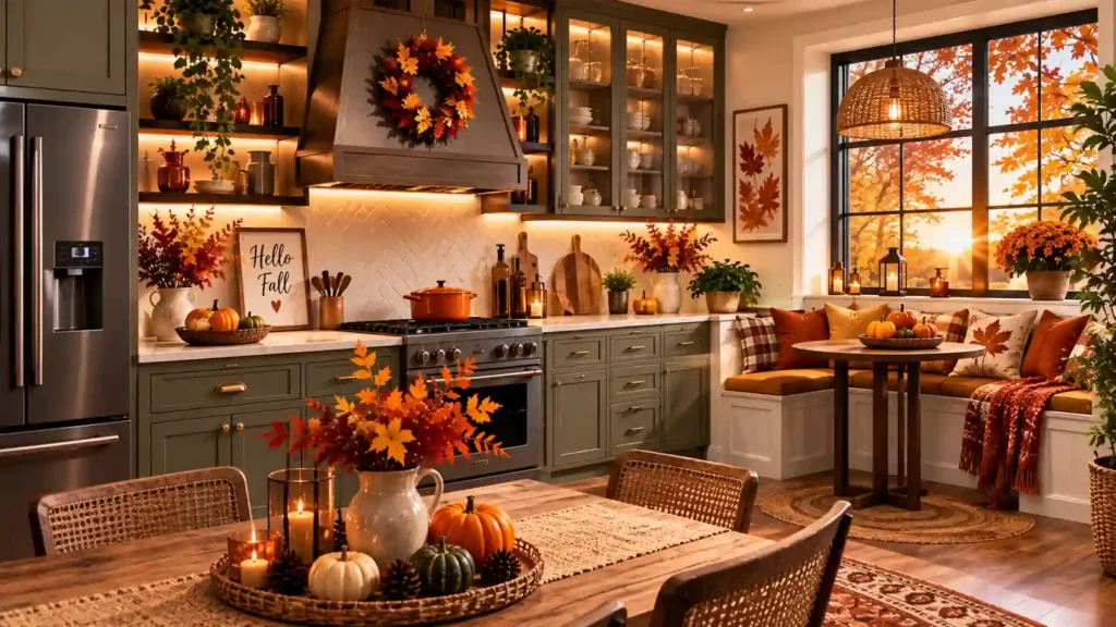 Cozy kitchen window bench nook decorated with plaid pillows maple wreath and pumpkin centerpieces"