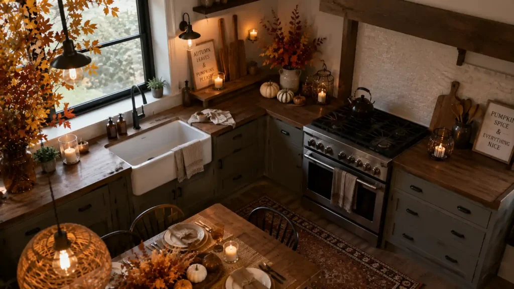 High angle view of rustic kitchen with dark wood counters farmhouse sink and glowing candles"