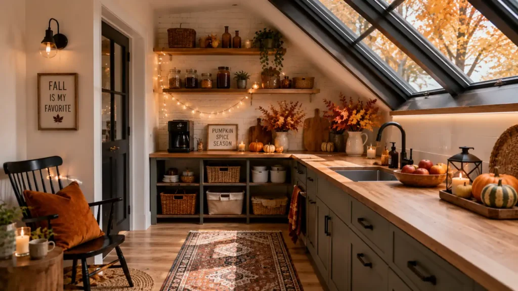 Attic kitchen with skylight view of autumn trees open shelves with string lights and wood counters"