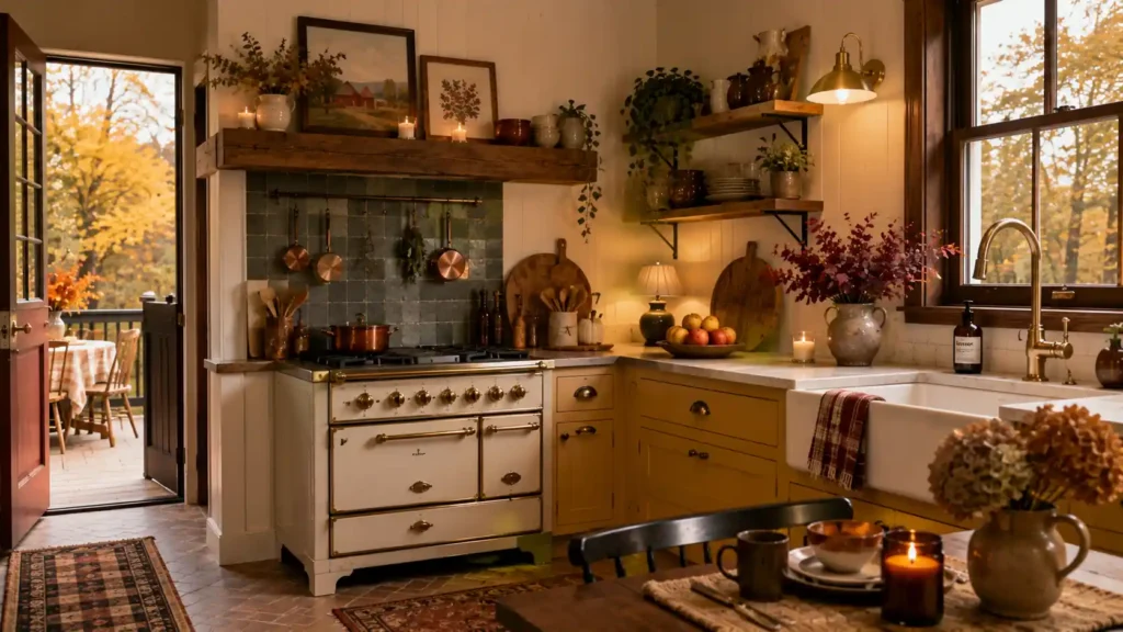 Vintage white stove kitchen setup with copper pots open shelves warm lighting and outdoor view"