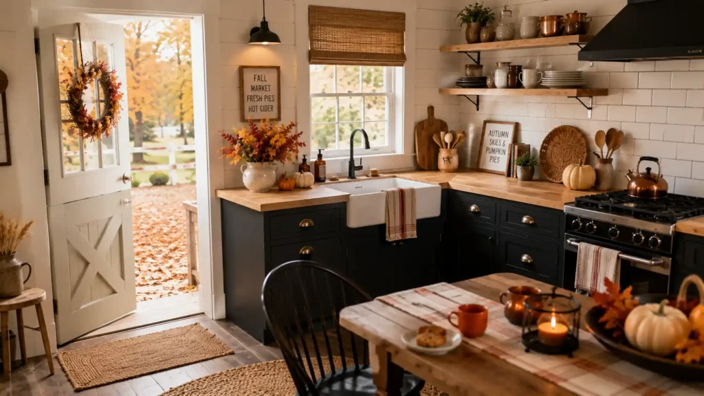 Farmhouse kitchen with open Dutch door autumn wreath wooden table centerpiece and pumpkin bowl"