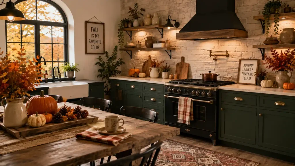 Rustic kitchen with exposed brick wall black range hood green cabinets and rustic table setting"