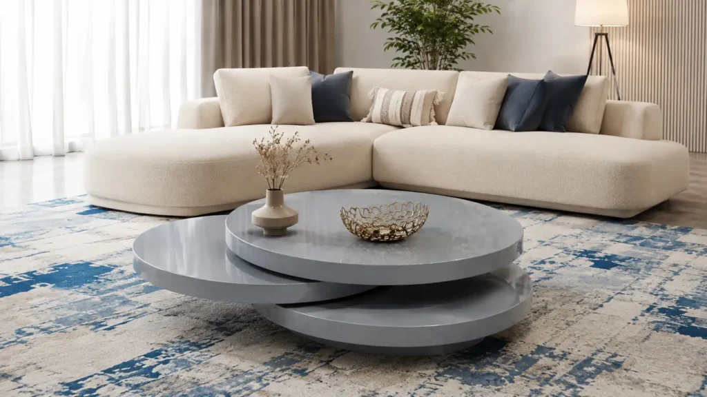 Contemporary multi-tiered swivel modern coffee table in high-gloss grey on a blue abstract rug.