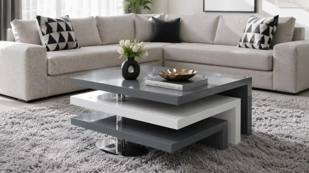 Modern tiered square coffee table in slate grey and white with chrome support columns.