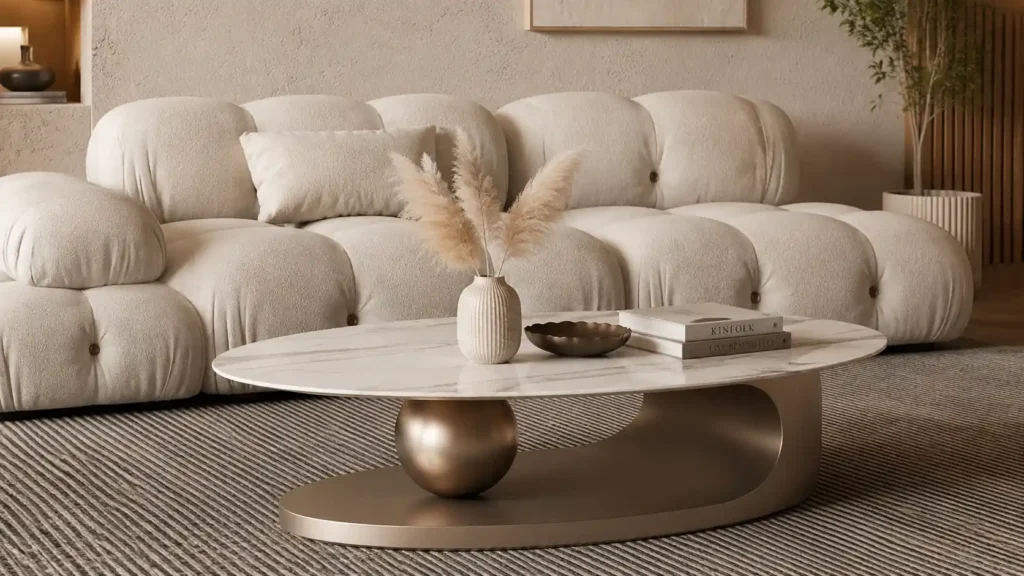 Luxury modern coffee table featuring a white marble oval top, brass ball accent, and smooth brushed metal base.