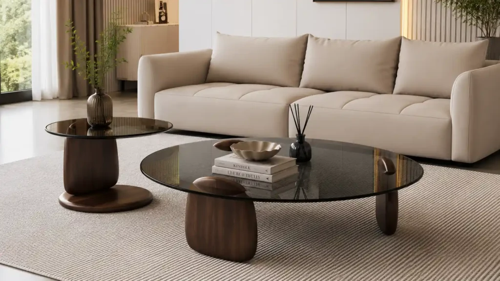 Set of two modern coffee tables featuring dark smoked glass tops and sculpted walnut wooden bases.