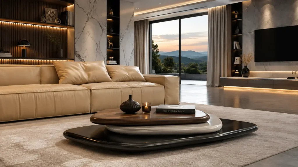 Ultra-low profile modern coffee table set with stacked walnut, cream lacquer, and matte black pebble shapes.