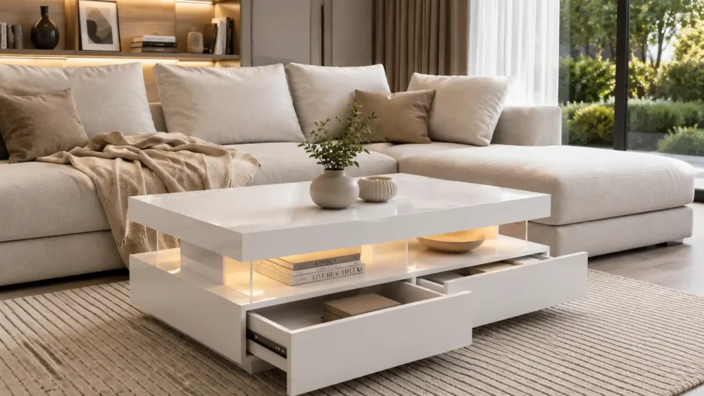 Modern coffee table in high-gloss white with hidden storage drawers and warm LED ambient lighting.