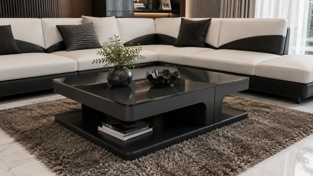 Low-profile modern coffee table in high-gloss black with dark tempered glass top and recessed lower storage shelf.