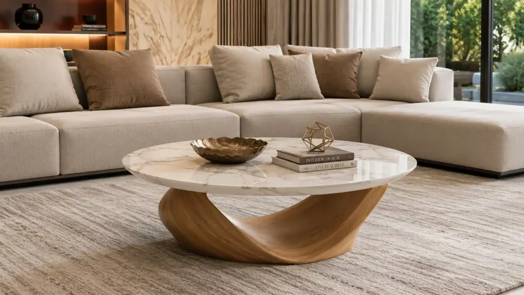 Round modern coffee table featuring a polished Calacatta white marble top set on a twisted fluid oak wooden base.