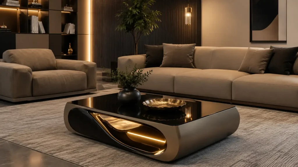 Futuristic modern coffee table with champagne metallic body, black glass top, and warm internal LED illumination channel.