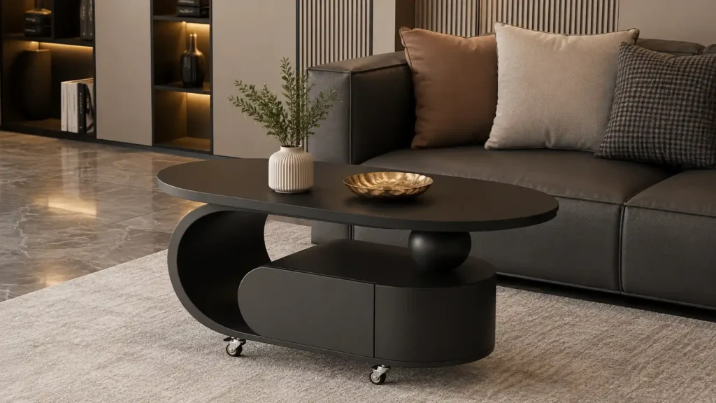 Mobile modern coffee table in matte black oval shape with integrated lower drawer and spherical brass pedestal detail.