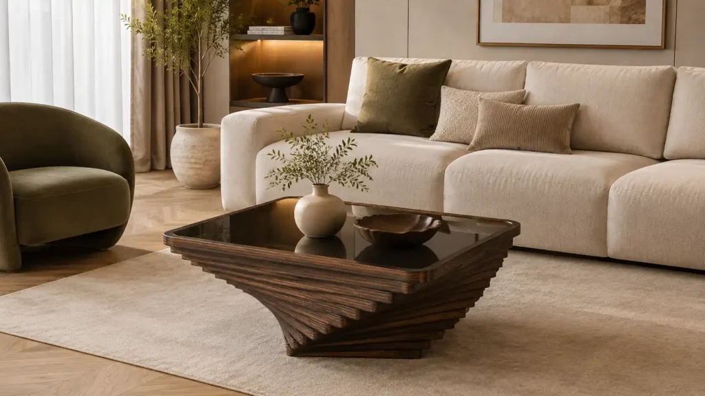 Architectural modern coffee table with spiraled walnut wood layers and a dark tinted glass center surface.