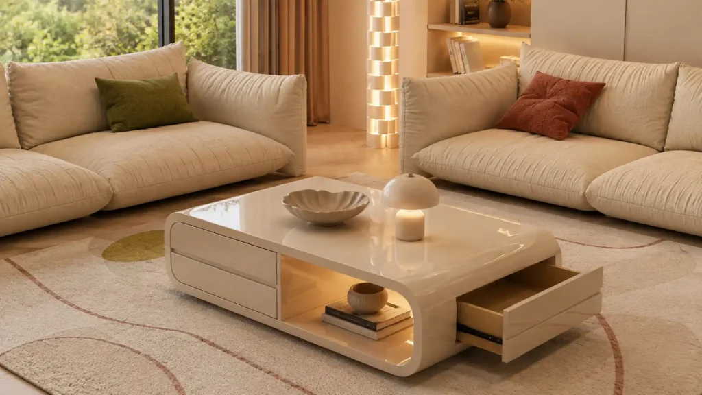 Low oval modern coffee table in glossy cream with open soft-lit storage shelf and slide-out side drawers.